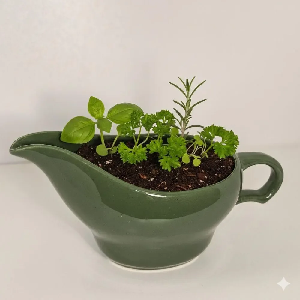 Vintage Green Ceramic Gravy Boat | Mid-Century Farmhouse Serving Dish